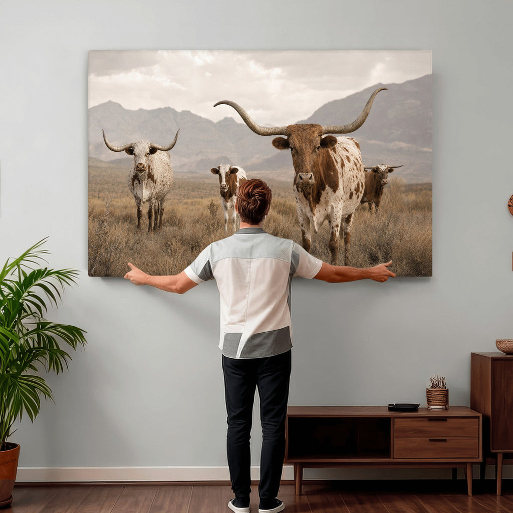 Rustic Texas Longhorn Cow Canvas Wall Art Print, Rustic Farm Animal