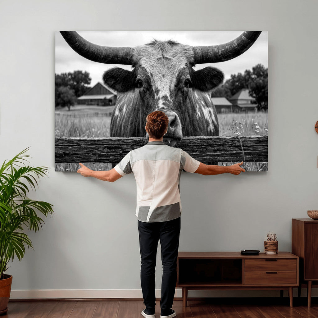 Black White Texas Longhorn Bull Canvas Wall Art, Western Ranch Cattle
