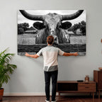 Black White Texas Longhorn Bull Canvas Wall Art, Western Ranch Cattle