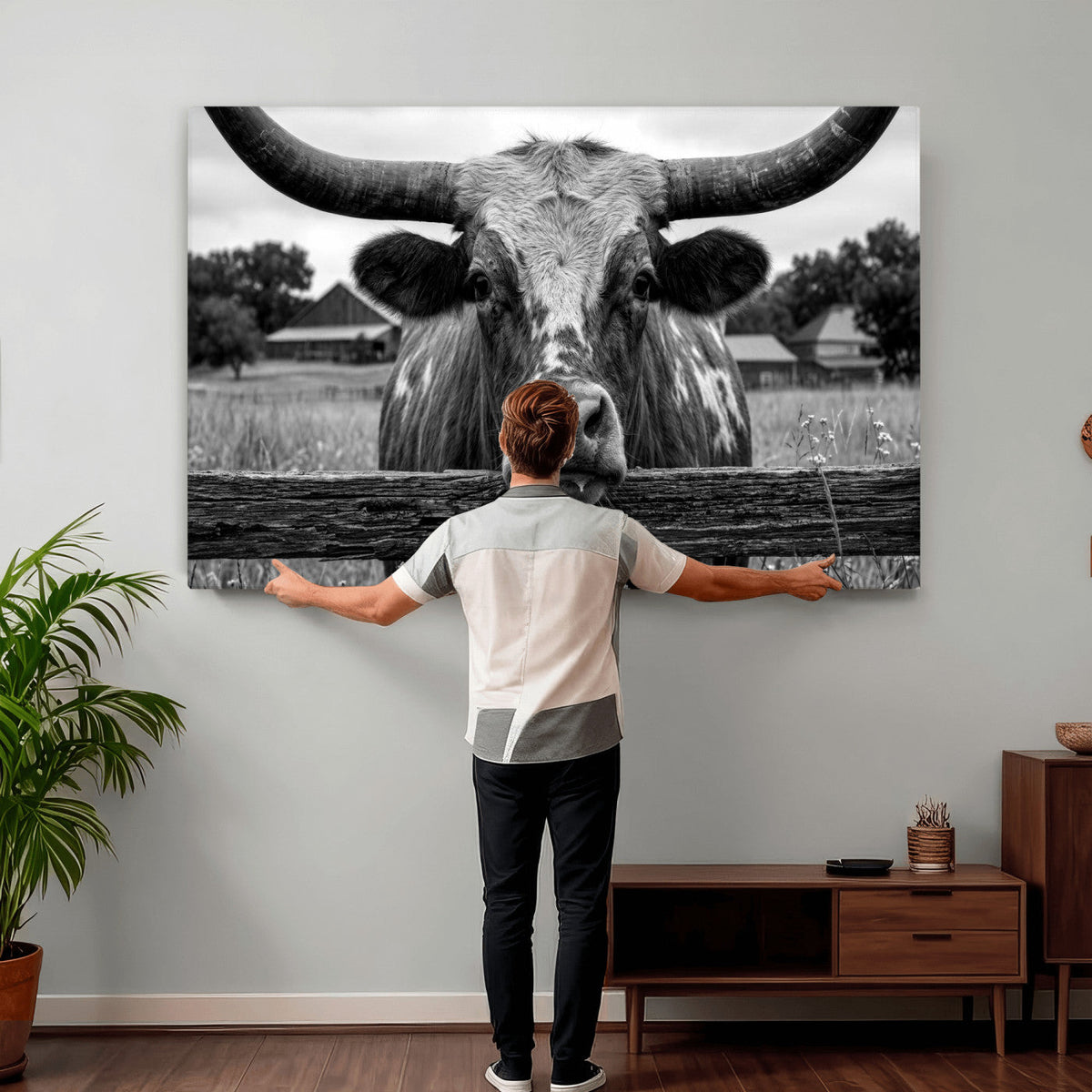 Black White Texas Longhorn Bull Canvas Wall Art, Western Ranch Cattle