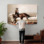 Funny Horse on Sofa Canvas Wall Art, Quirky Horse Lounging Photo