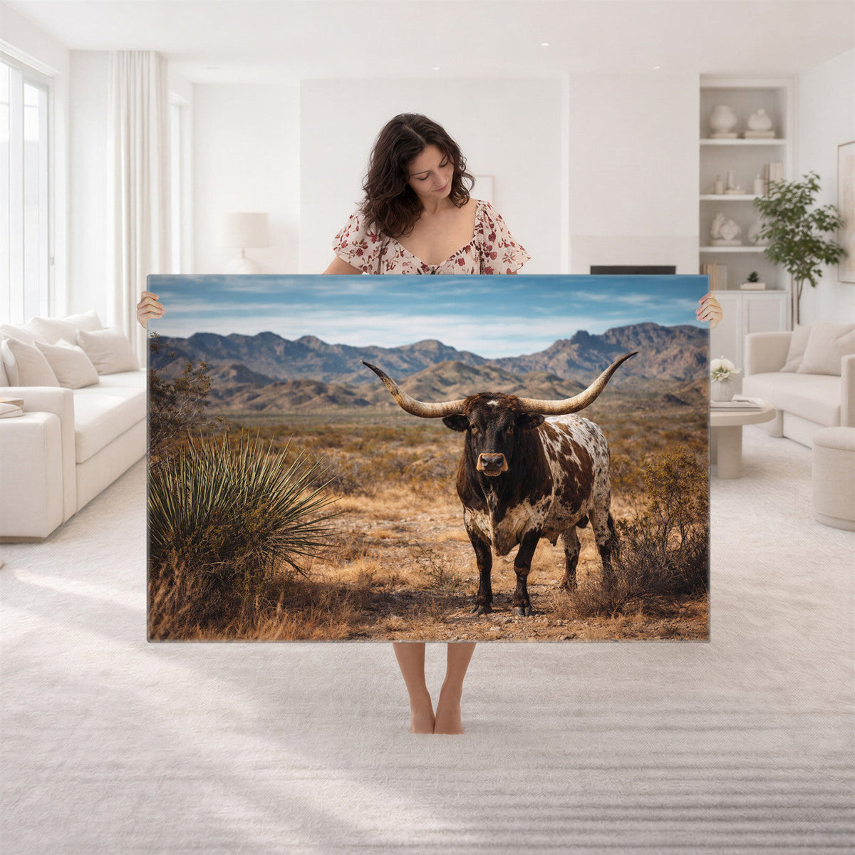 Texas Longhorn Bull Wall Art Canvas Print, Western Farmhouse Decor