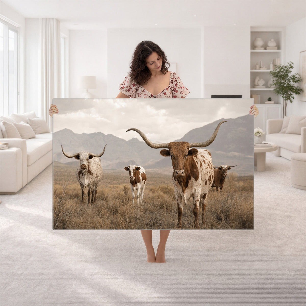 Rustic Texas Longhorn Cow Canvas Wall Art Print, Rustic Farm Animal