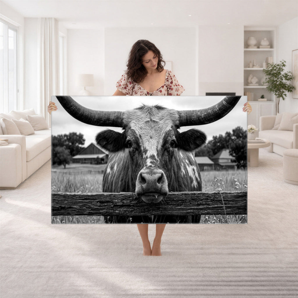 Black White Texas Longhorn Bull Canvas Wall Art, Western Ranch Cattle
