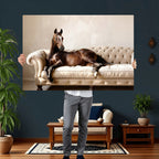 Funny Horse on Sofa Canvas Wall Art, Quirky Horse Lounging Photo