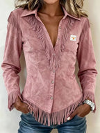 Full Size Fringed Collared Neck Shirt Plus Size