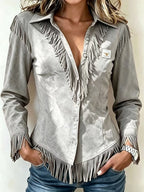 Spot Amazon Foreign Trade Cross-Border 2025 Western Cowboy Style Suede Tassel Slim Long-Sleeved Shirt