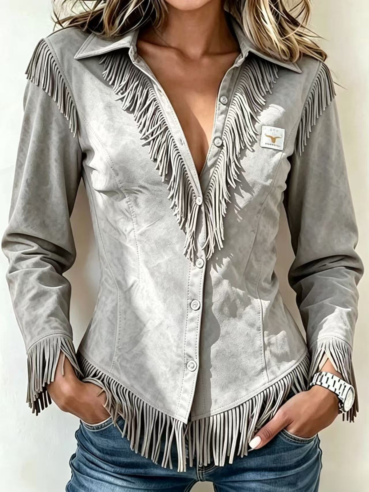 Spot Amazon Foreign Trade Cross-Border 2025 Western Cowboy Style Suede Tassel Slim Long-Sleeved Shirt