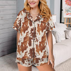 Baha Ranch Cow Hide Print Western Cowgirl Satin Pajama Set