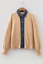 Denim Patchwork Collar Ribbed Knit Buttoned Cardigan