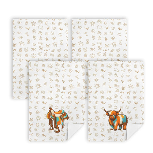 Baha Ranch Set of 4 Minimalistic Western Highland Cow Cattle Brands Kitchen Towels Made in America