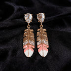 Women Feather Pendant Dangle Stud Earrings,Palace Style Heavy Craft Inlaid Rhinestone Enamel Earrings,Light Luxury Versatile Elegant Daily Fashion Jewelry