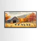 Framed Canvas Print Rustic Barn with Pumpkins and Turkeys, Perfect Autumn Farmhouse Decor, Fall Wall Art, Country Autumn Scene