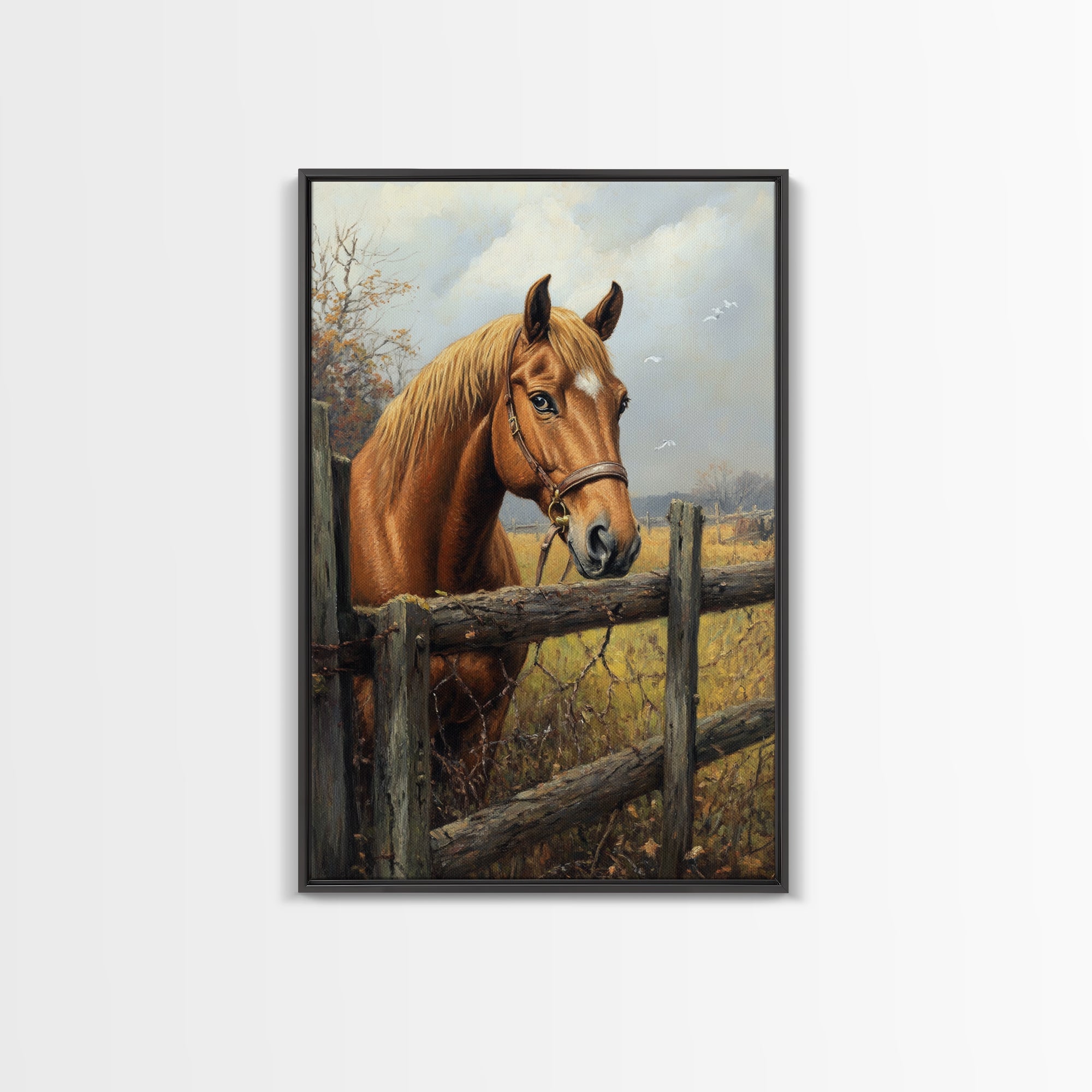 Farmhouse Horse Framed Canvas Print, Rustic Landscape Painting, Fall Bedroom Art, Gift Idea for Her, Cottagecore Wall Art