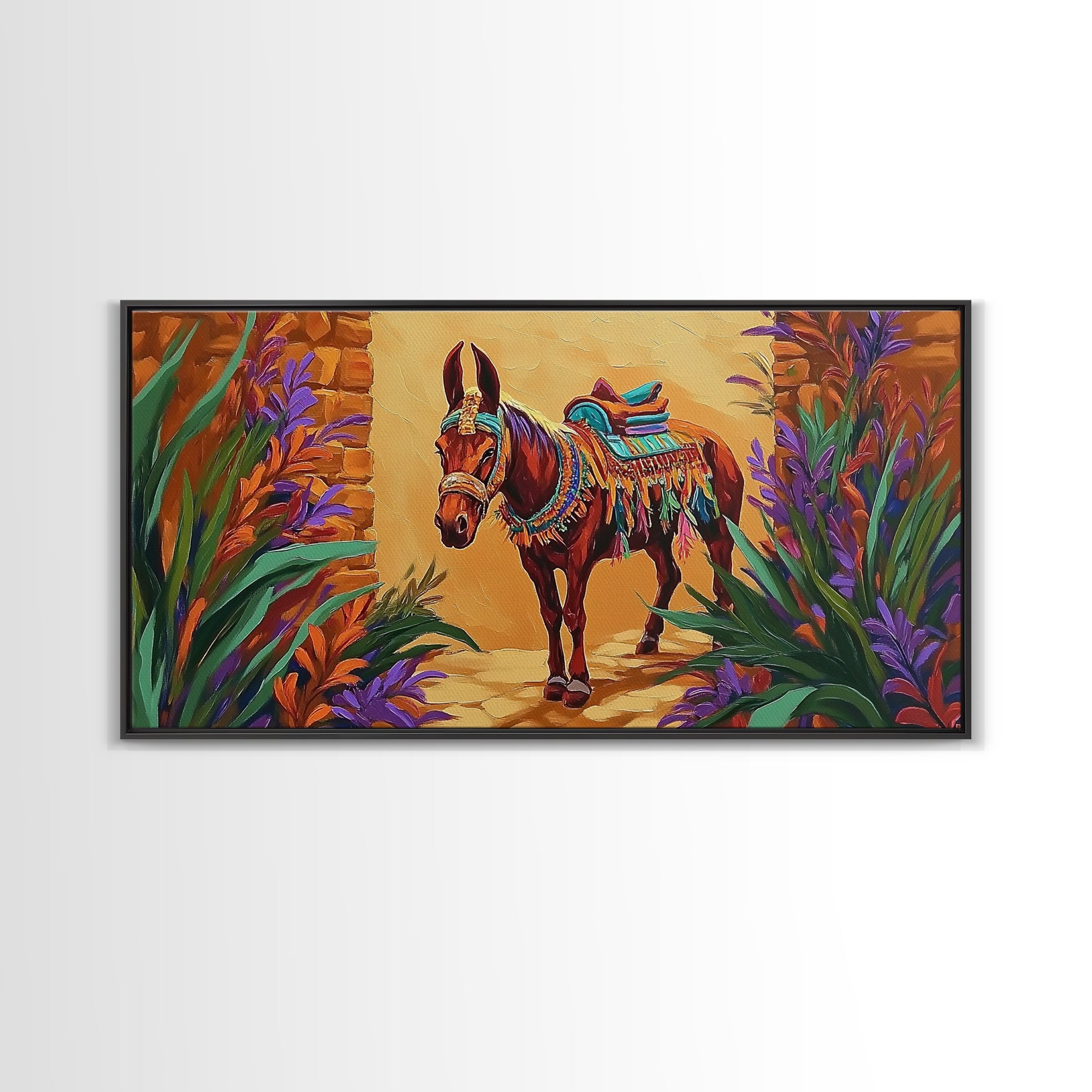 Fiesta Mule, Desert Horse, Rustic Charm, Framed Canvas Print, Western Wall Art, Entryway Decor, Colorful Southwest Painting