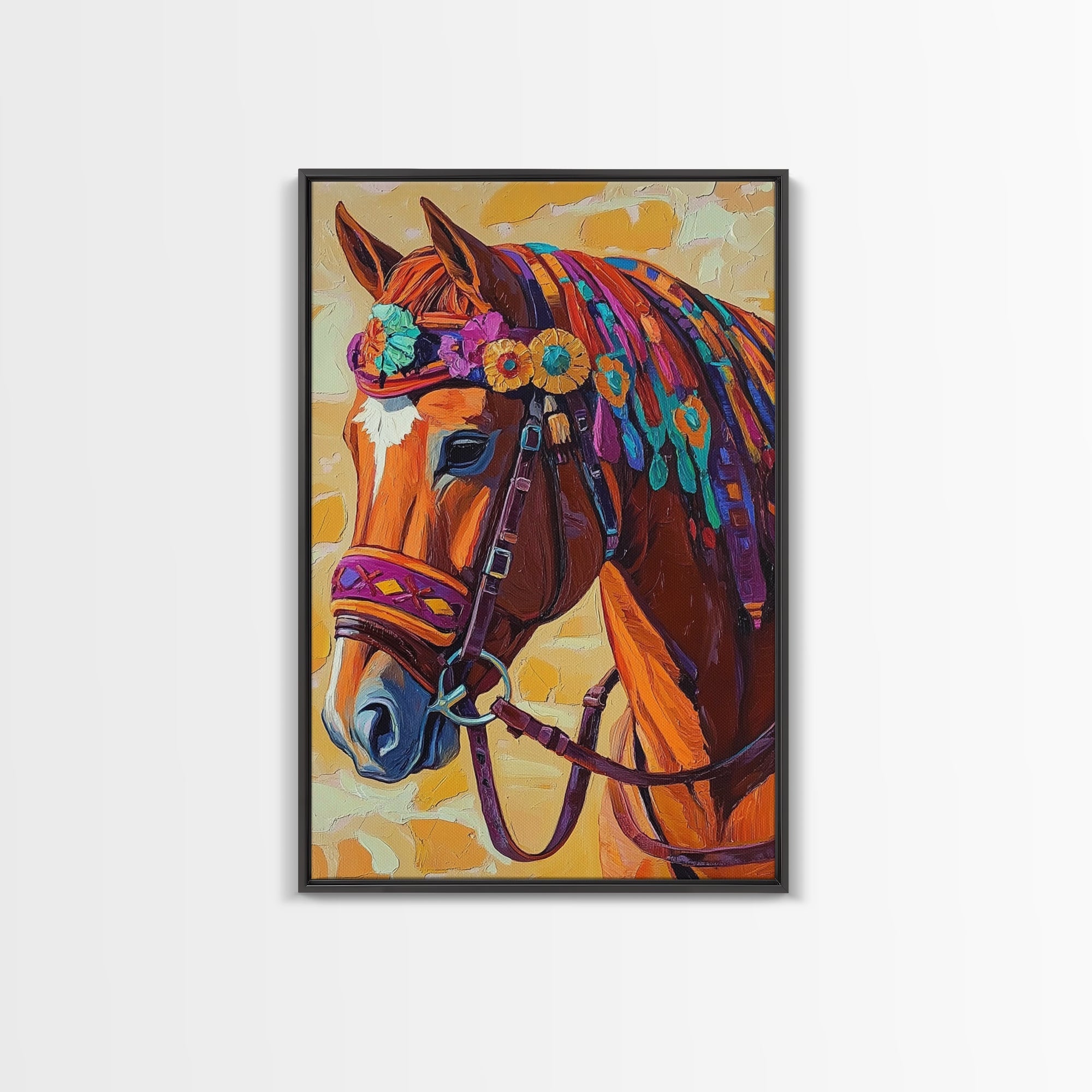 Horse Floral, Boho, Western, Framed Canvas Print colorful western horse painting, vibrant floral cowgirl decor, rustic farmhouse wall art