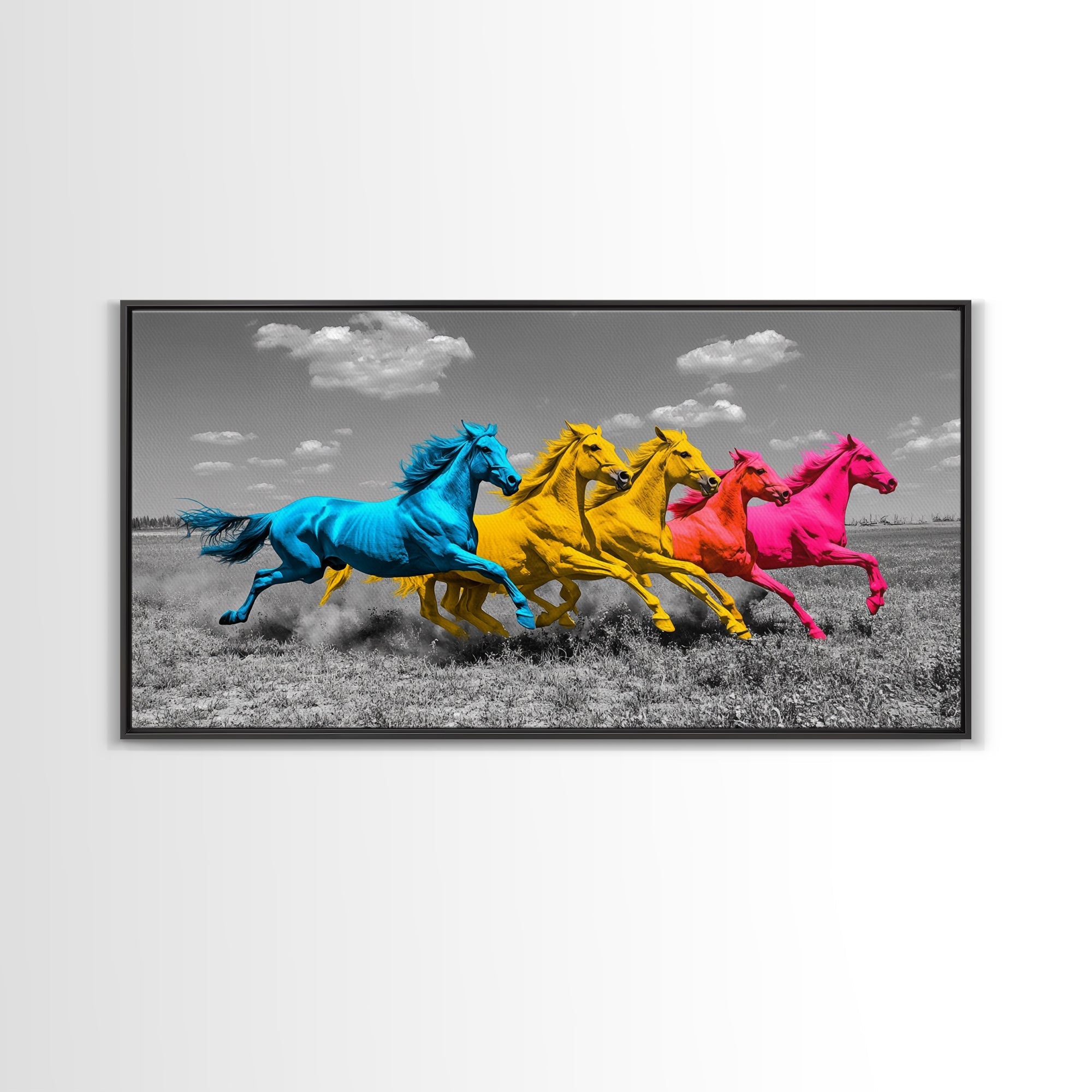 Wild Horses, Color Pop, Western Decor, Boho Style, Framed Canvas Print, Vibrant Horse Wall Art, Living Room Wall Decor, Equestrian Artwork