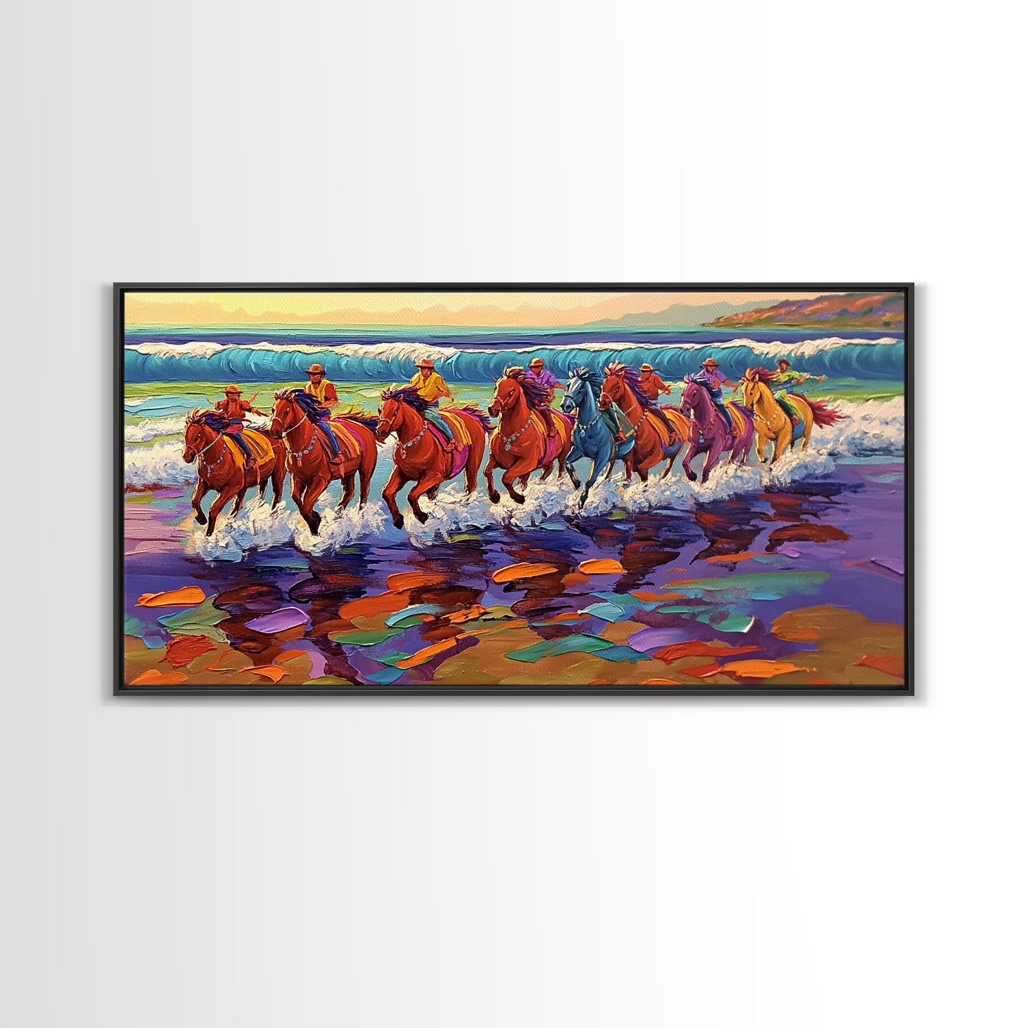 Galloping Horses, horse painting, vintage horse art, framed canvas print, coastal cowgirl wall art, whimsical art, rustic wall art