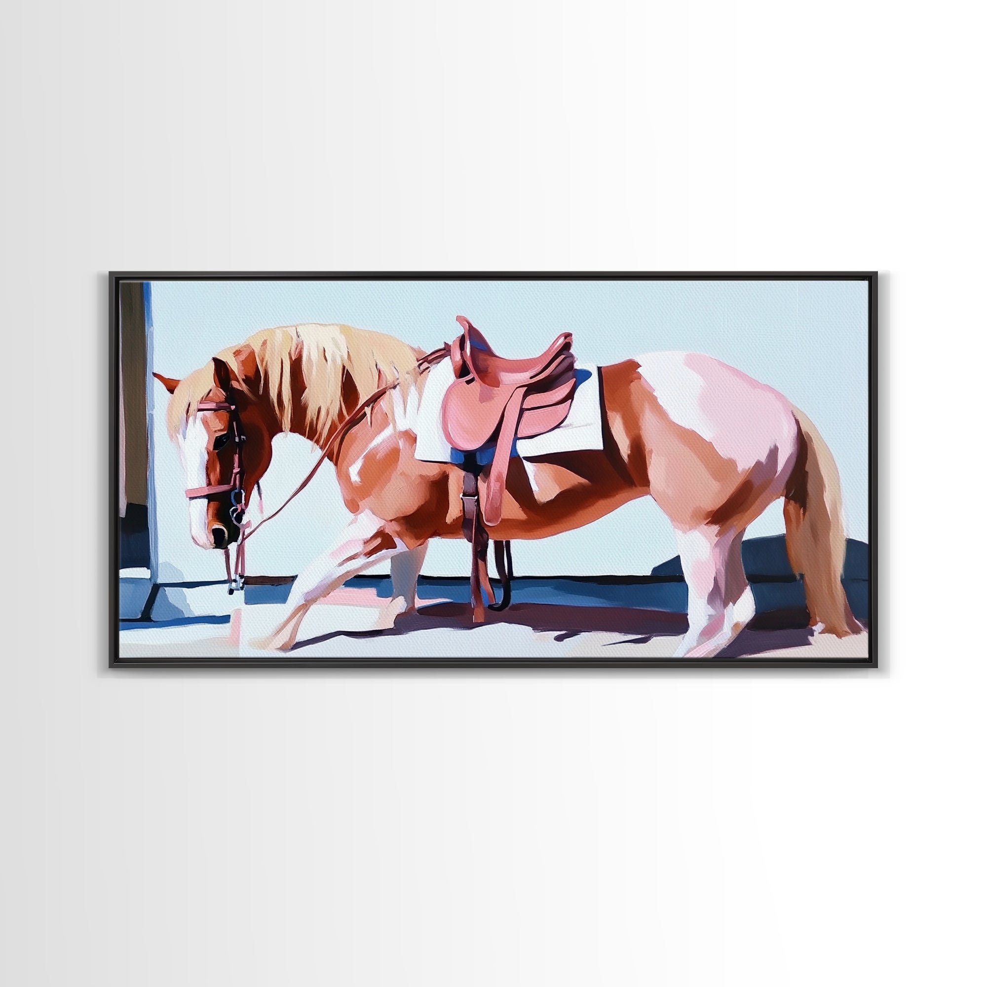 Saddled Horse Art, Vintage Horse Painting, Equestrian Wall Art, Rustic Western Decor, Framed Canvas Print, Gift Idea, Country Home Decor