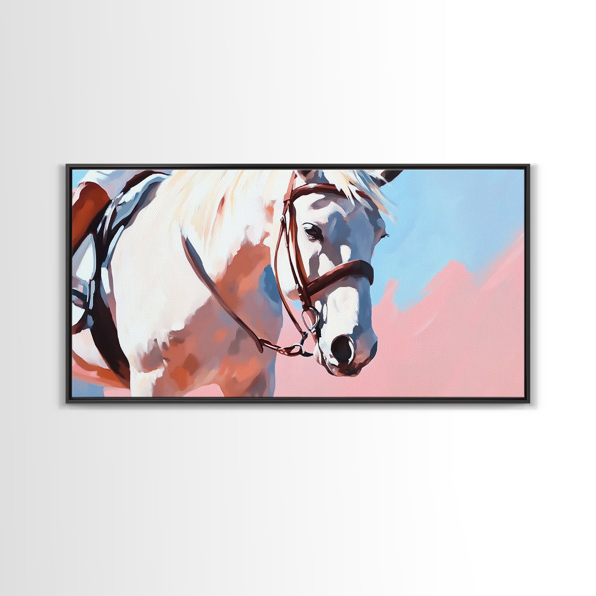 White Horse Art, Vintage Horse Painting, Pink and Blue Wall Art, Rustic Decor, Framed Canvas Print, Equestrian Gift, Farmhouse Art