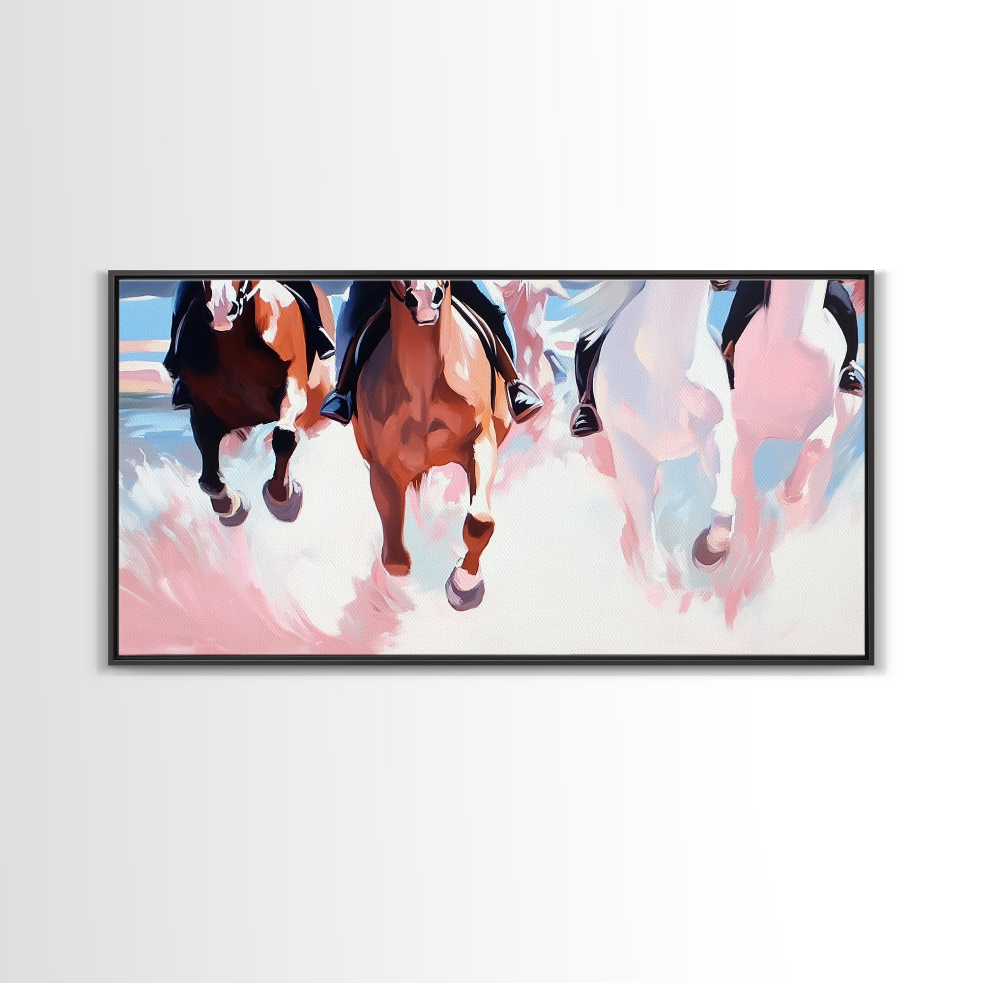 Wild Horses Running, horse wall art, rustic decor, extra wide art, panoramic painting, vintage horse art, framed canvas print