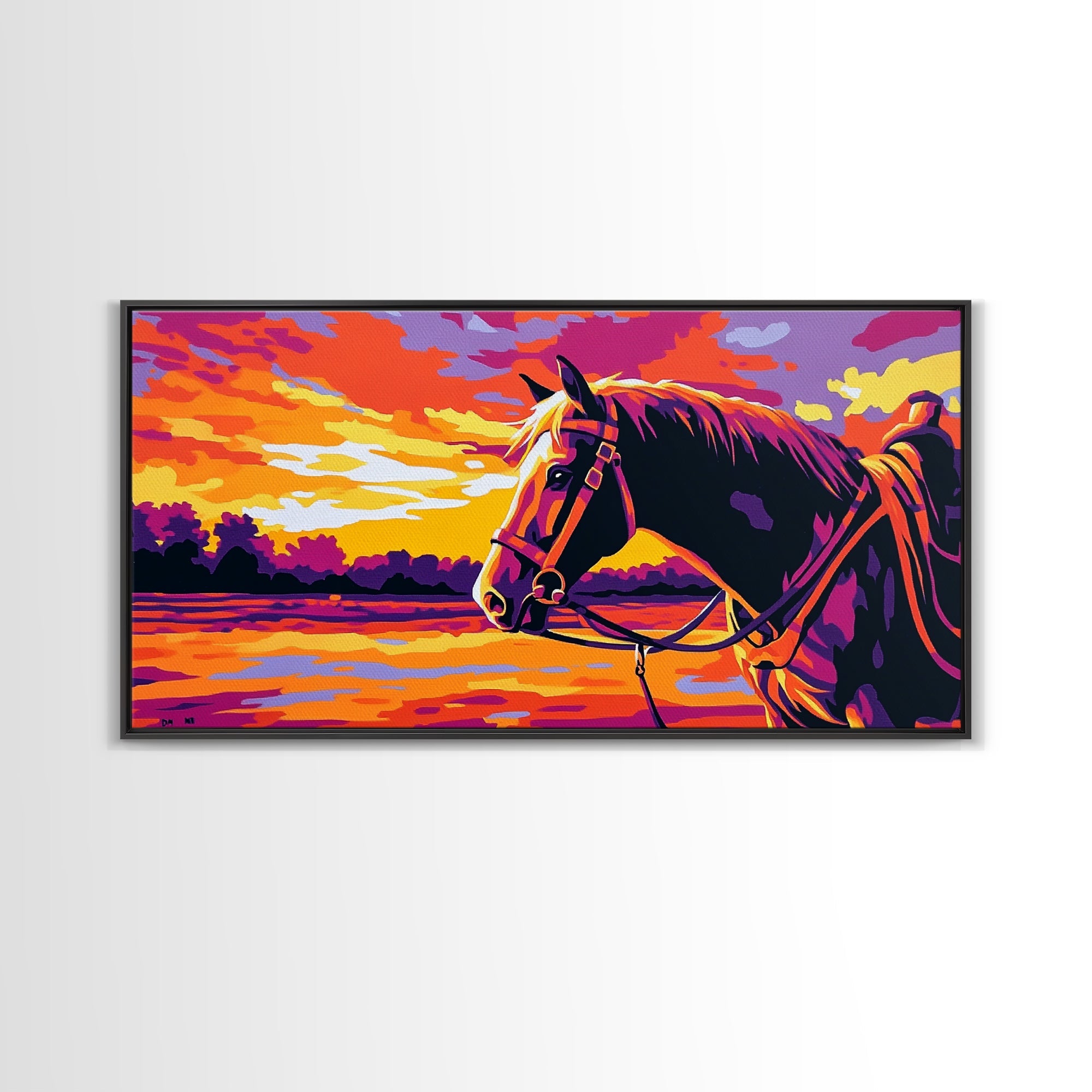 Horse Landscape, vintage horse art, sunset painting, rustic decor, western theme, panoramic painting, canvas print