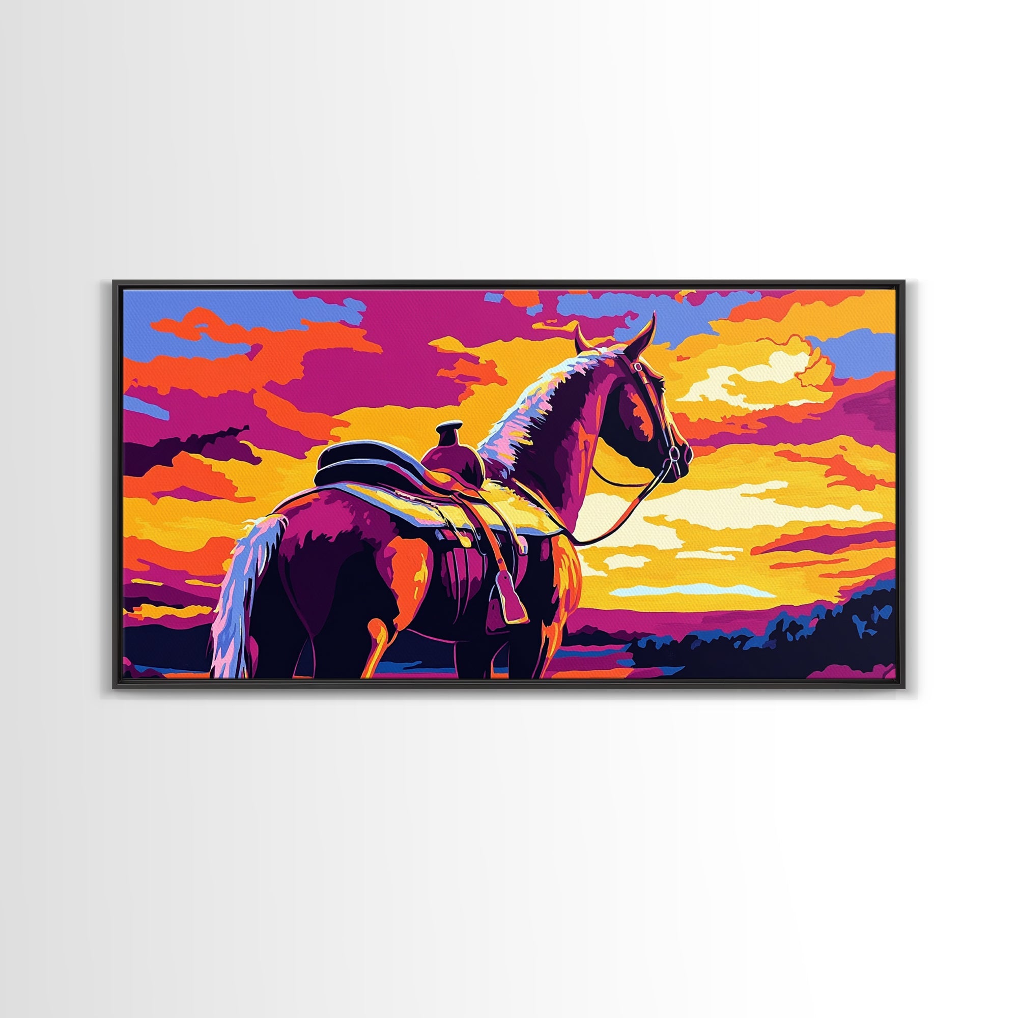 Saddled horse, sunset view, western ranch, cowboy aesthetic, rustic decor, farmhouse painting, moody art, canvas print