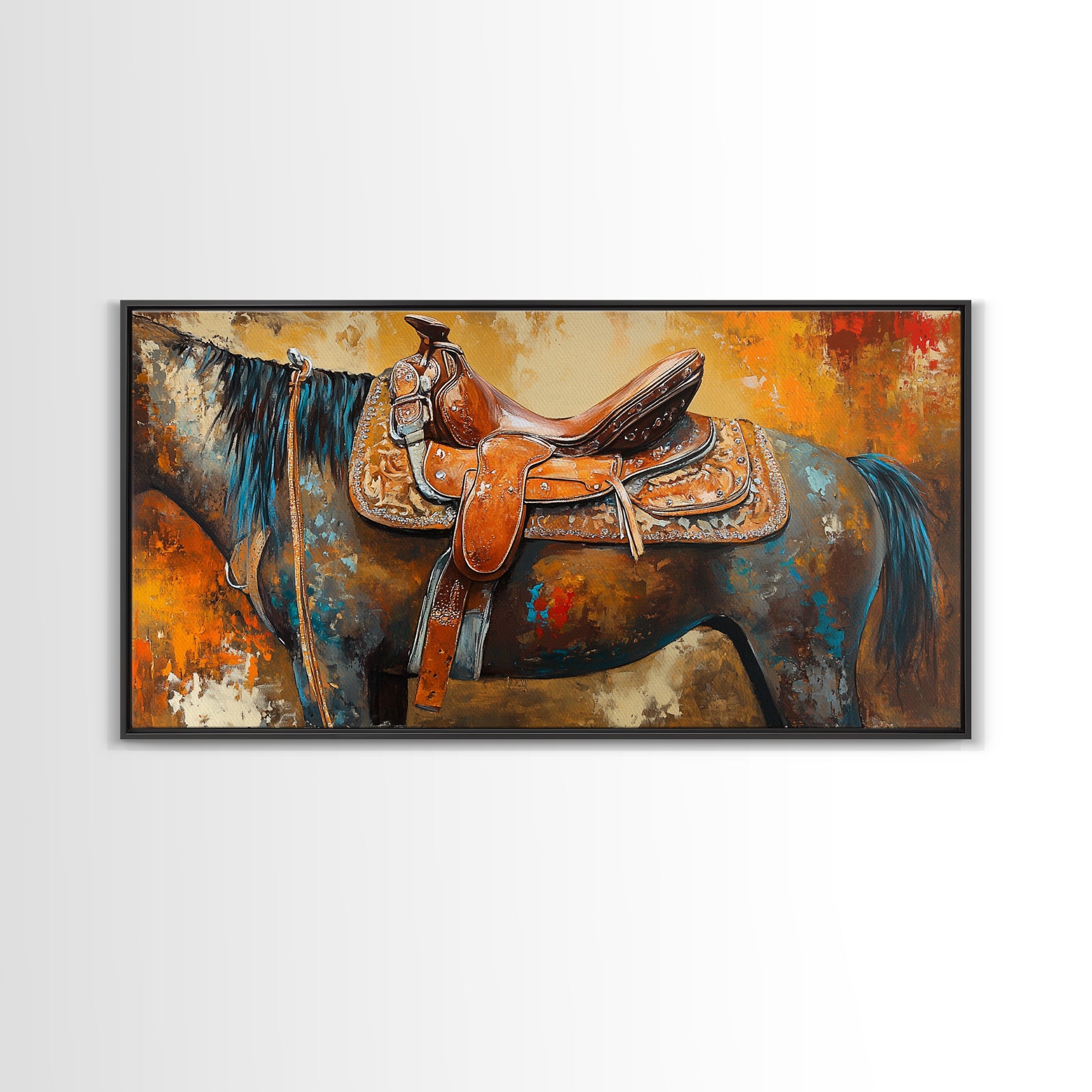 Western Saddle Art, Canvas Print, Rustic Decor, Moody Art, Southwest Wall Art, Extra Wide Art, Above Bed Wall Art, Farmhouse Wall Art
