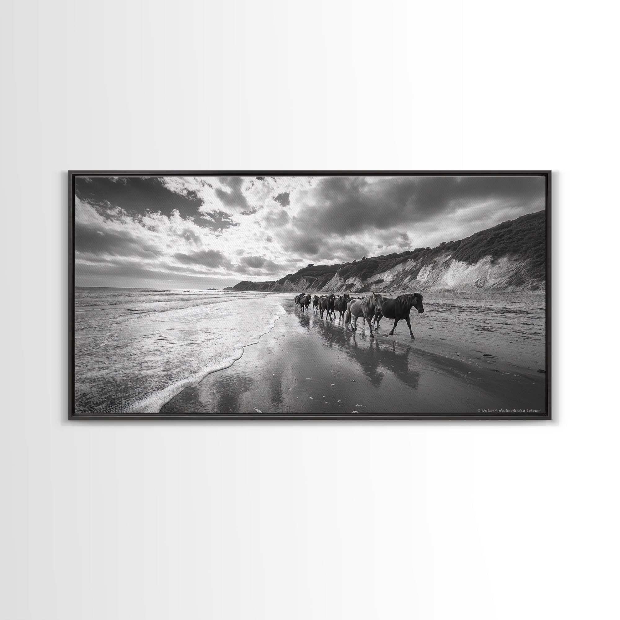 Wild Horses, vintage horse art, rustic decor, equestrian painting, black and white photography, ocean painting, coastal wall art, Framed Canvas Print