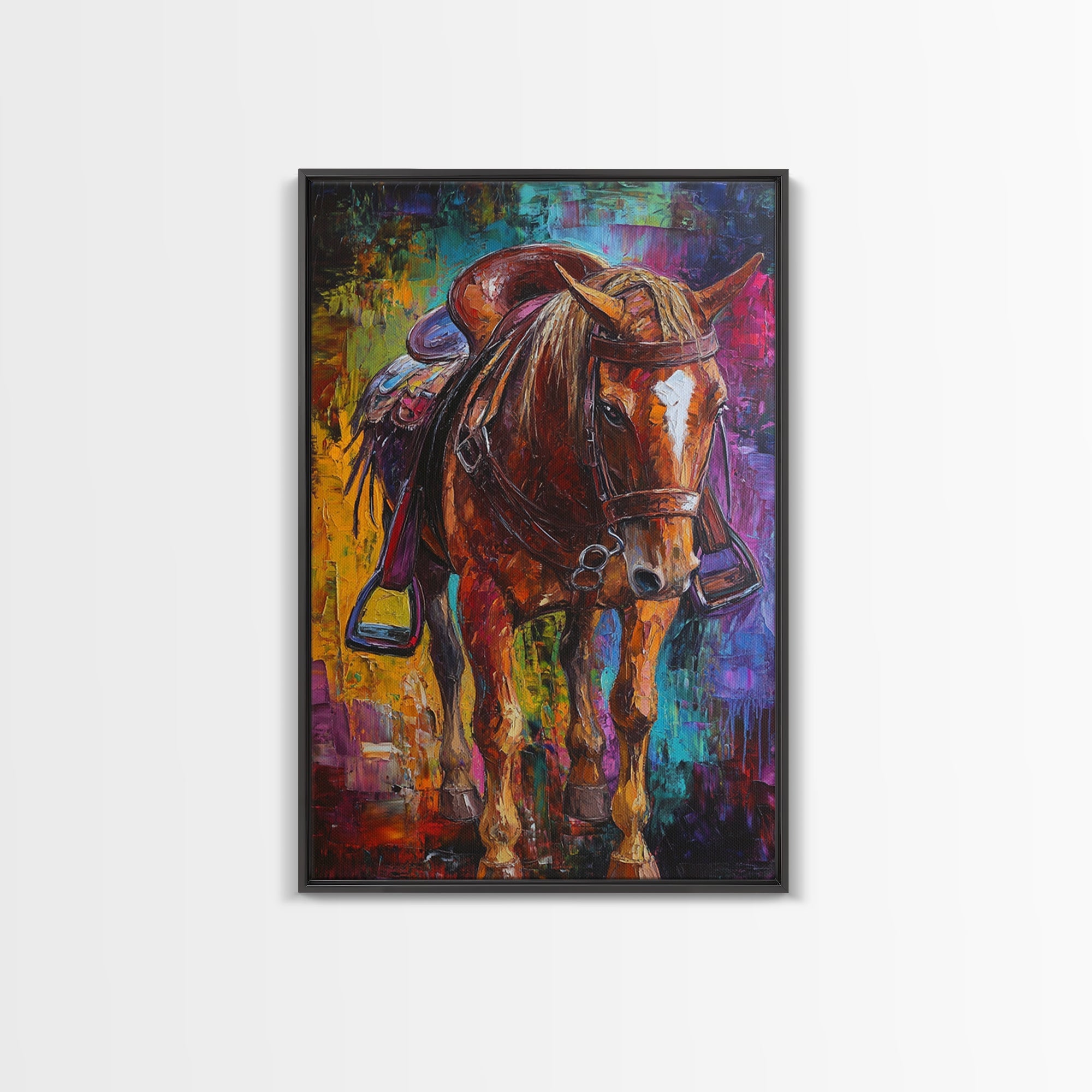 Bold Horse, vibrant painting, horse wall art, colorful western decor, rustic art, above couch art, boho art, Framed Canvas Print