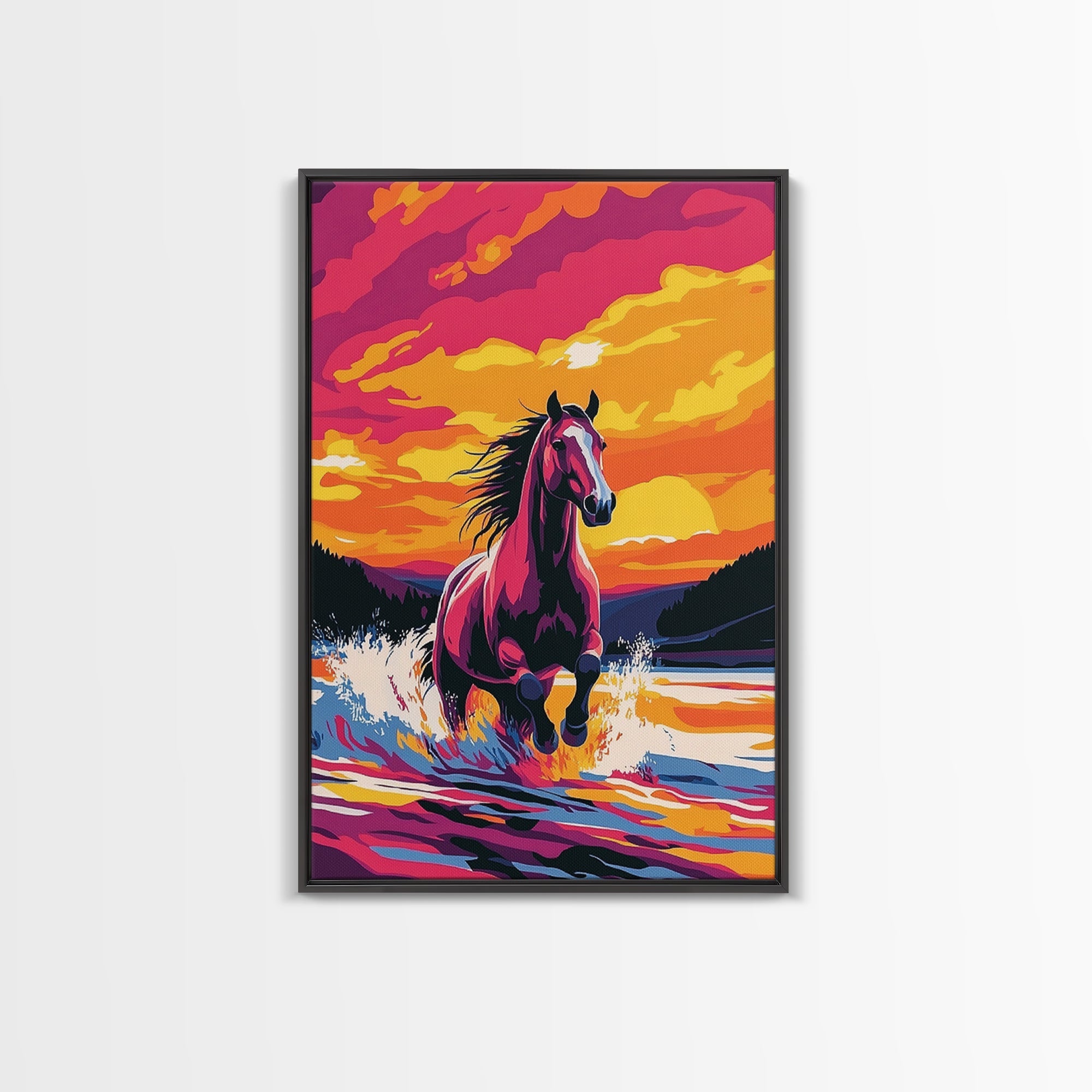 Horse Running, pink orange wall art, vintage horse art, sunset painting, horse wall art, rustic decor, gift idea for her, Canvas Print