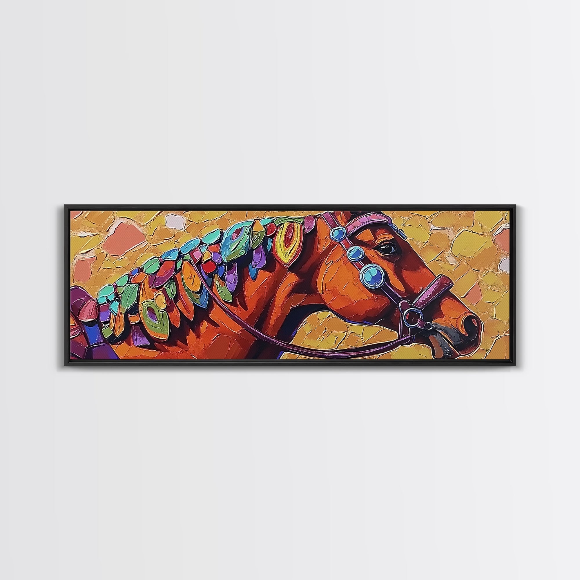 Colorful horse, abstract, horse wall art, rustic art, vintage horse art, panoramic painting, framed canvas print, extra wide art