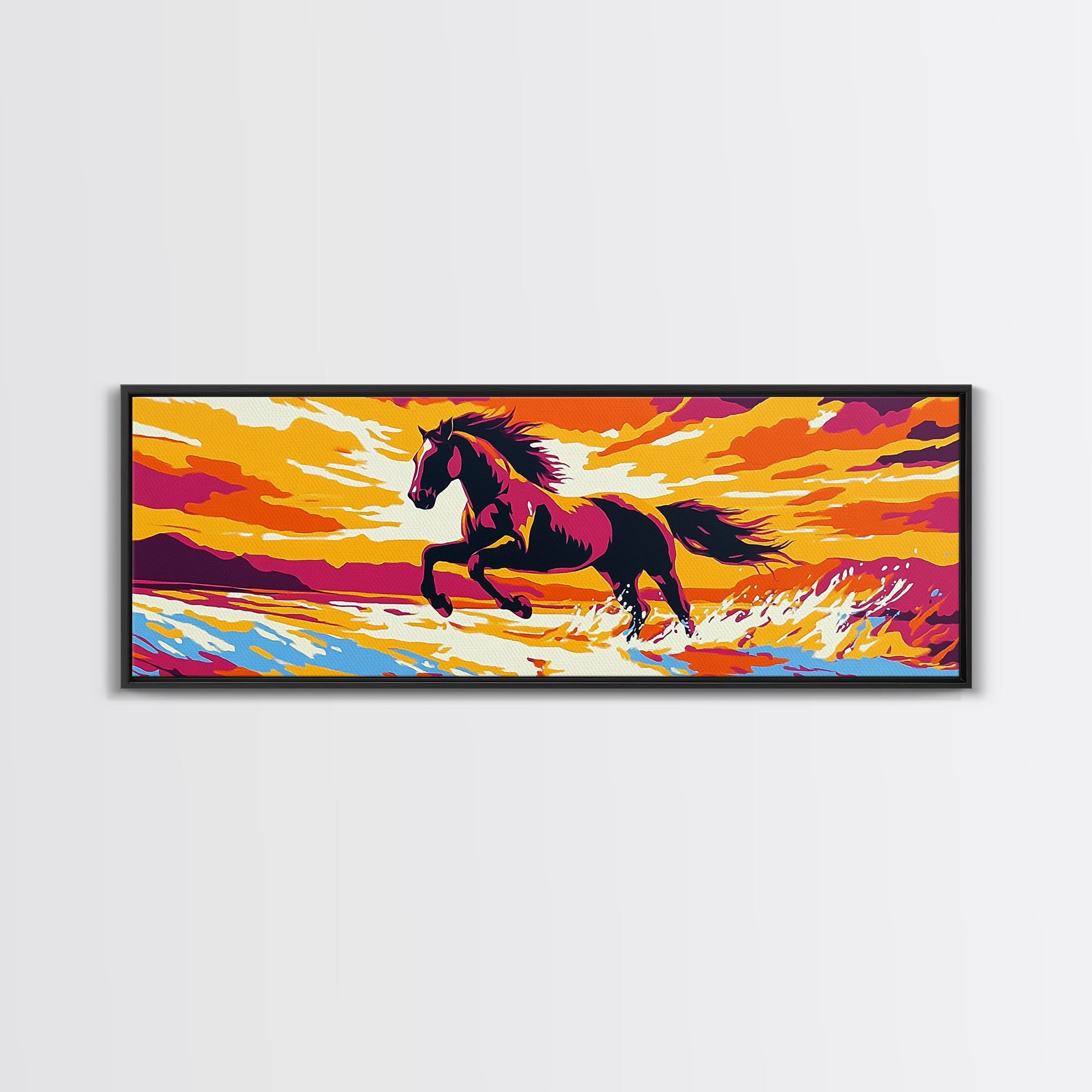 Sunset Horse Painting, Canvas Print, Vintage Horse Art, Pink Orange Wall Art, Southwest Wall Art, Rustic Decor, Panoramic Art, Farmhouse Art, Living Room Art