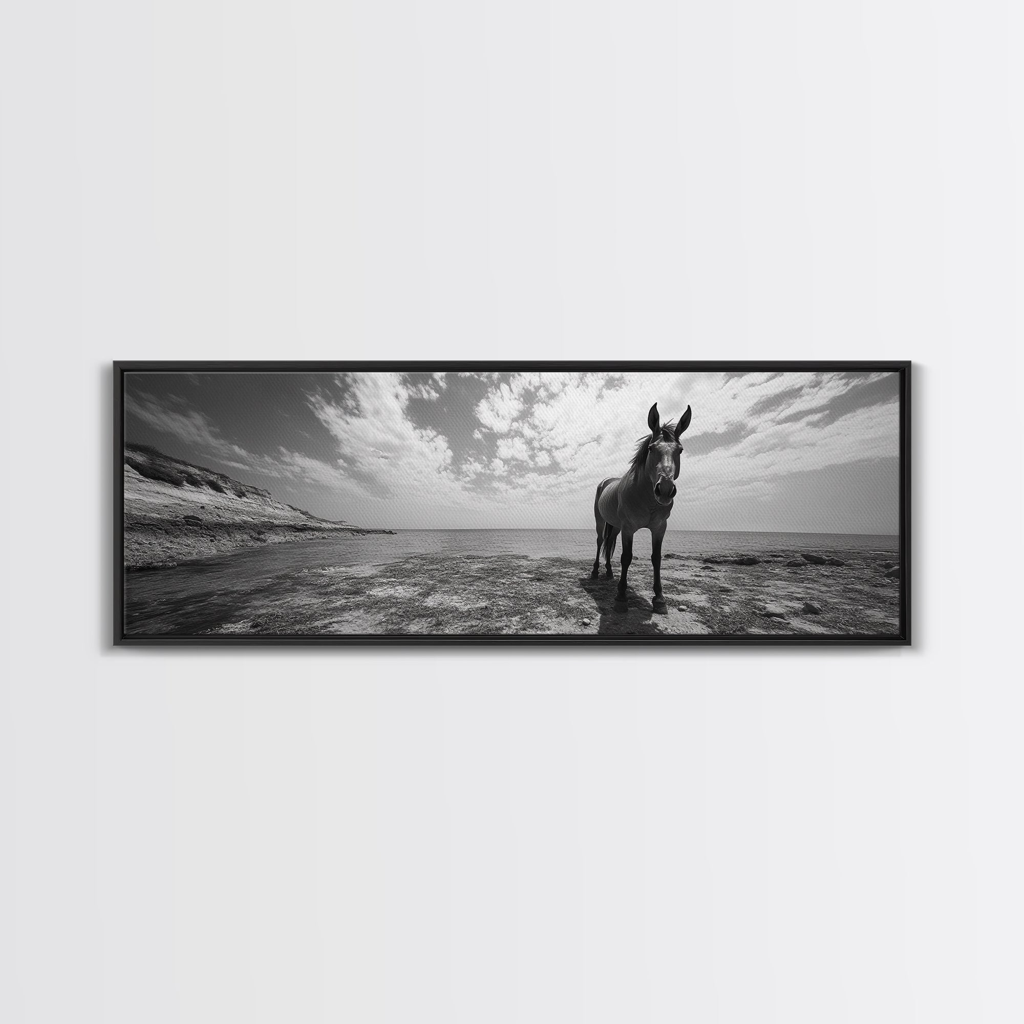 Lone horse, coastal cowgirl, panoramic art, extra wide art, vintage horse art, framed canvas print, rustic decor, seascape painting, moody art
