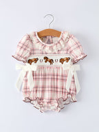 Western Horse Embroidered Smocked Plaid Baby Girl Romper