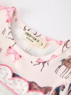Western Horse Smocked Girls Dress Bow Ruffle Short Sleeve