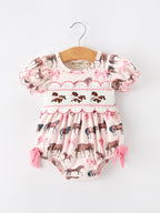 Western Horse Smocked Girls Romper Bow Ruffle Short Sleeve