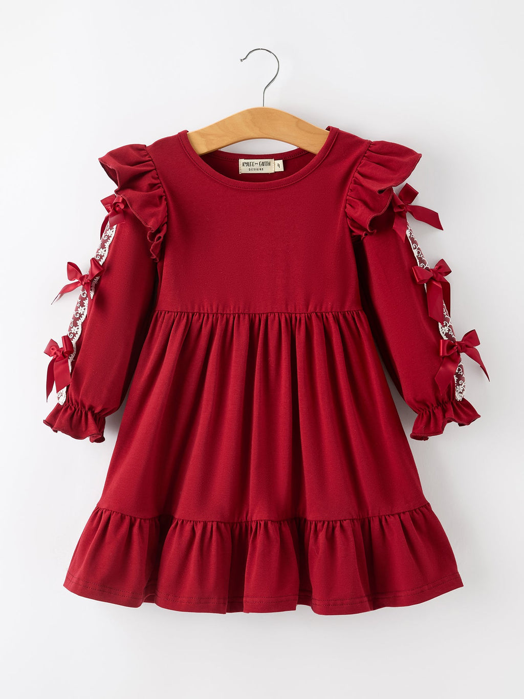 Christmas Girls Red Lace Bow Ruffle Dress