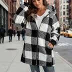 Plaid Hooded Zip-Up Oversized Jacket — Women’s Winter Commute Coat