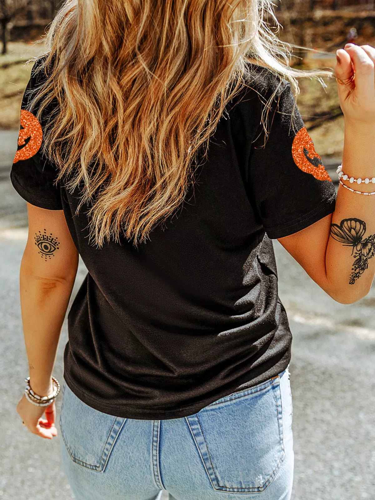 Glittering Pumpkin Face Crewneck Halloween T Shirt