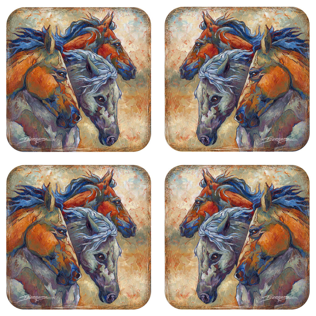 Herd of Horses Wooden Cork Coasters Gift Set of 4 by J. Bergsma - Wildlife Decor  - 8199458C-S4