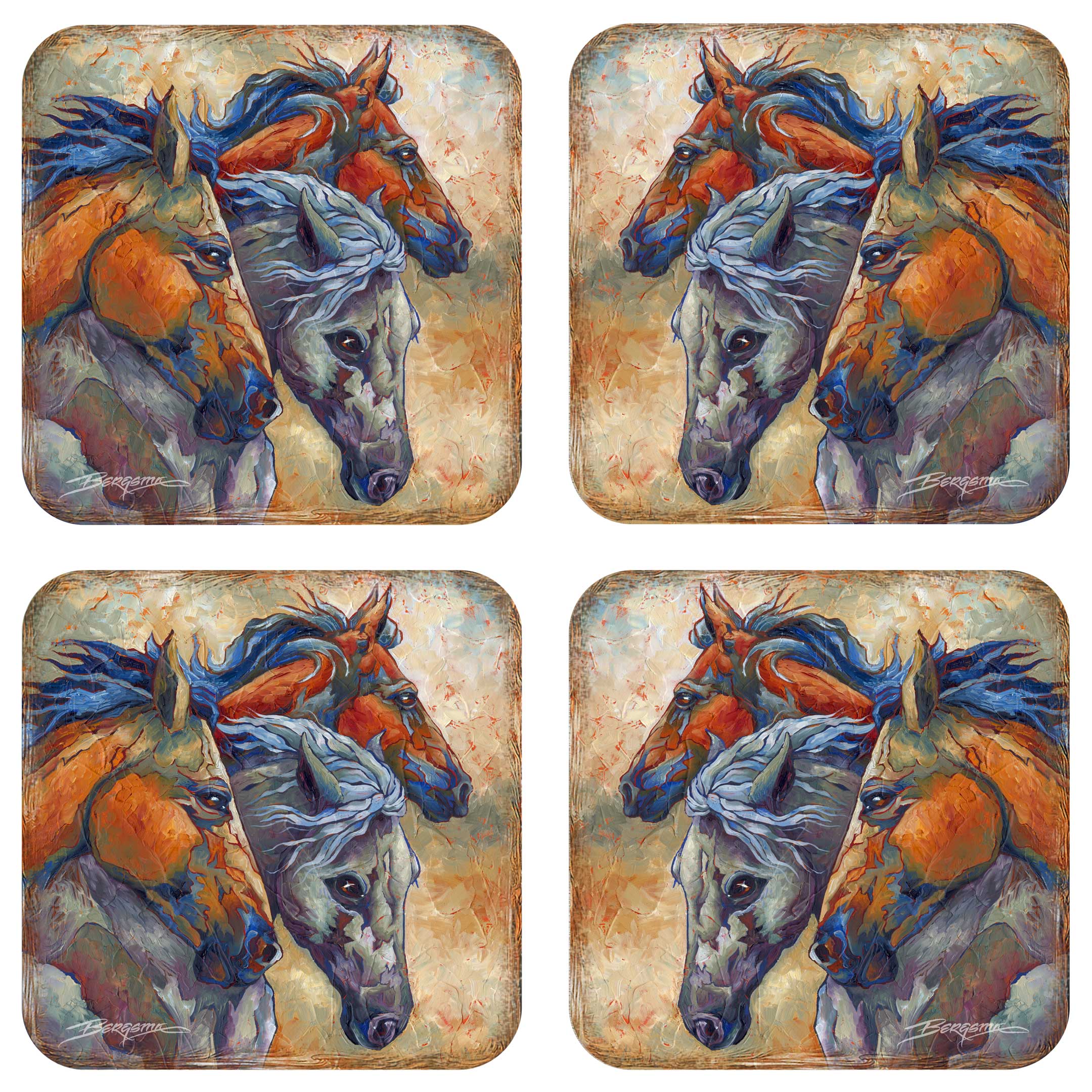 Herd of Horses Wooden Cork Coasters Gift Set of 4 by J. Bergsma - Wildlife Decor  - 8199458C-S4
