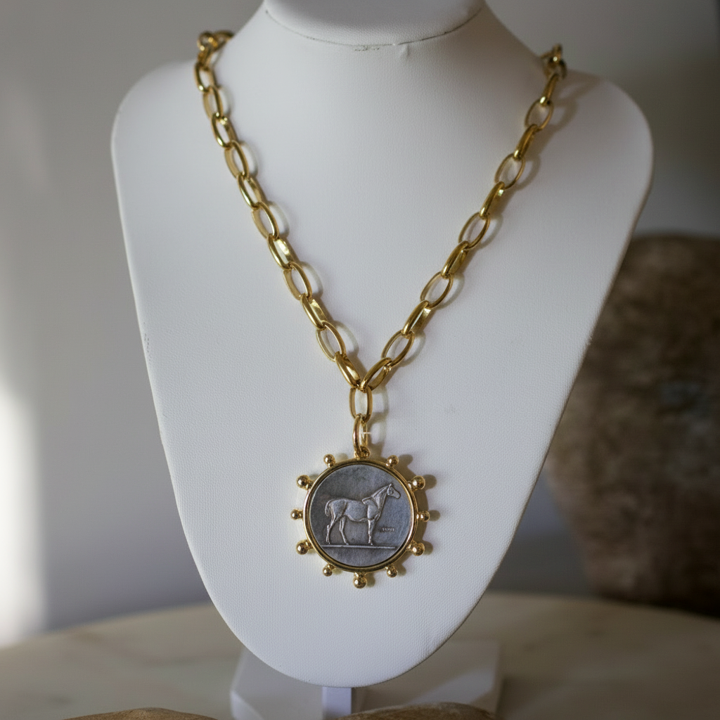 Heritage Horse Coin Necklace  18k Gold Non Tarnish Equestrian Coin