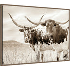 Sepia Texas Longhorn Cattle in Pasture by The Creative Bunch Studio Framed Canvas Wall Art Print