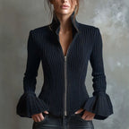 Women's Slim-Fit Rib-Knit Zip-Up Top with Flared Cuffs