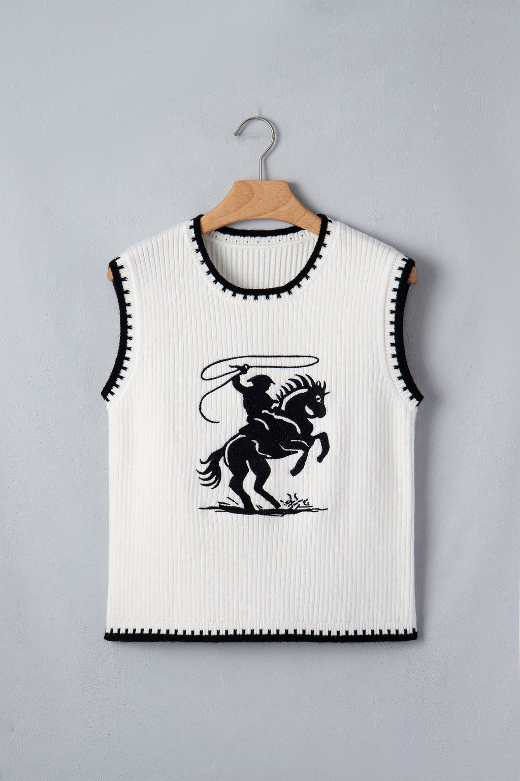 White Contrast Trim Round Neck Rodeo Cowboy Sweater Vest