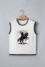 White Contrast Trim Round Neck Rodeo Cowboy Sweater Vest