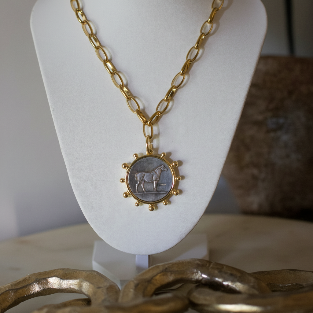 Heritage Horse Coin Necklace  18k Gold Non Tarnish Equestrian Coin
