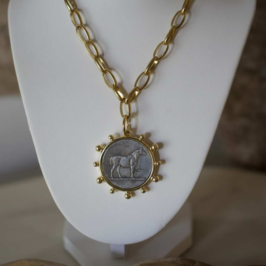 Heritage Horse Coin Necklace  18k Gold Non Tarnish Equestrian Coin