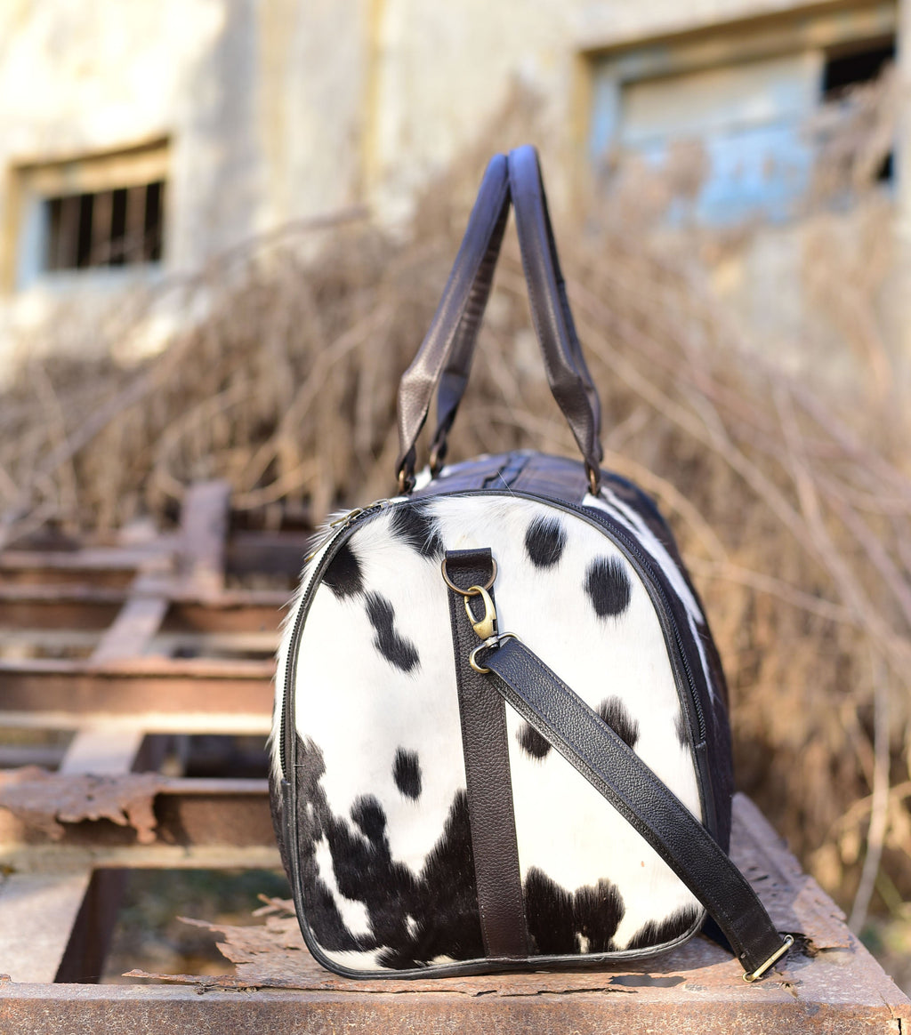 Black and White Overnight Bag, Cow Hide Pony Skin Design, Luxurious Travel Essential, Unique Gift for Jetsetter